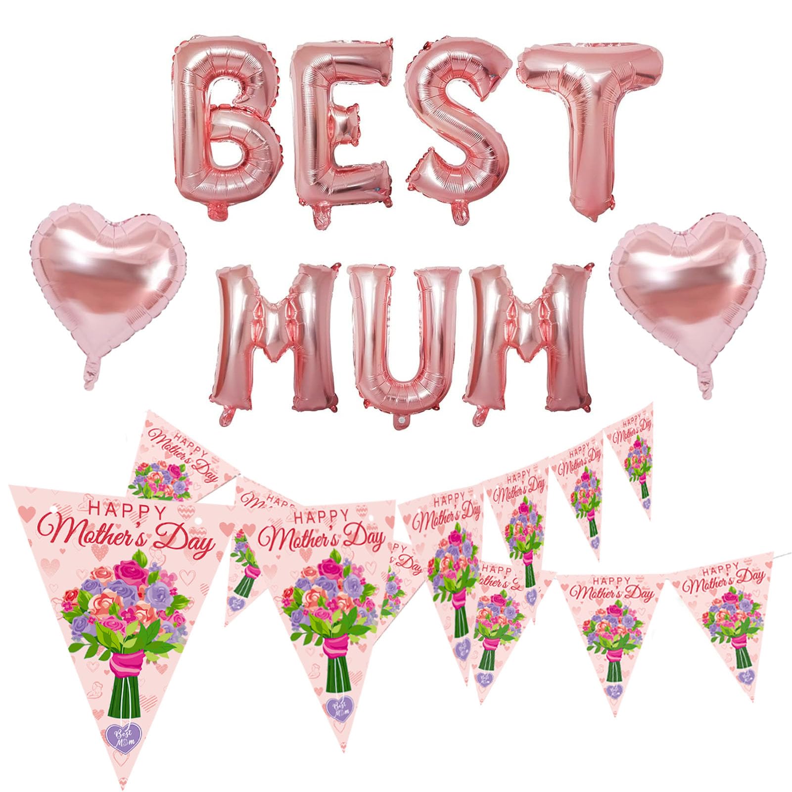 1Pack Mother's Day Bunting Banner Decorations, BEST MUM Foil Balloons Happy Flowers Mothers Day Party Bunting Garland Supplies Decoration (B)