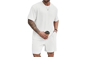 RoseSeek Men's 2 Piece Outfits Textured Drop Shoulder T Shirt and Short Sets Summer Outfits Tracksuit