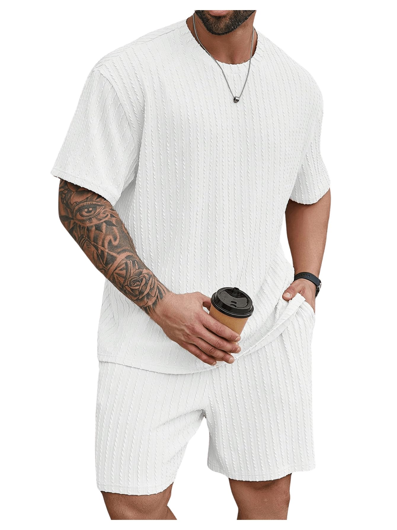 RoseSeek Men's 2 Piece Outfits Textured Drop