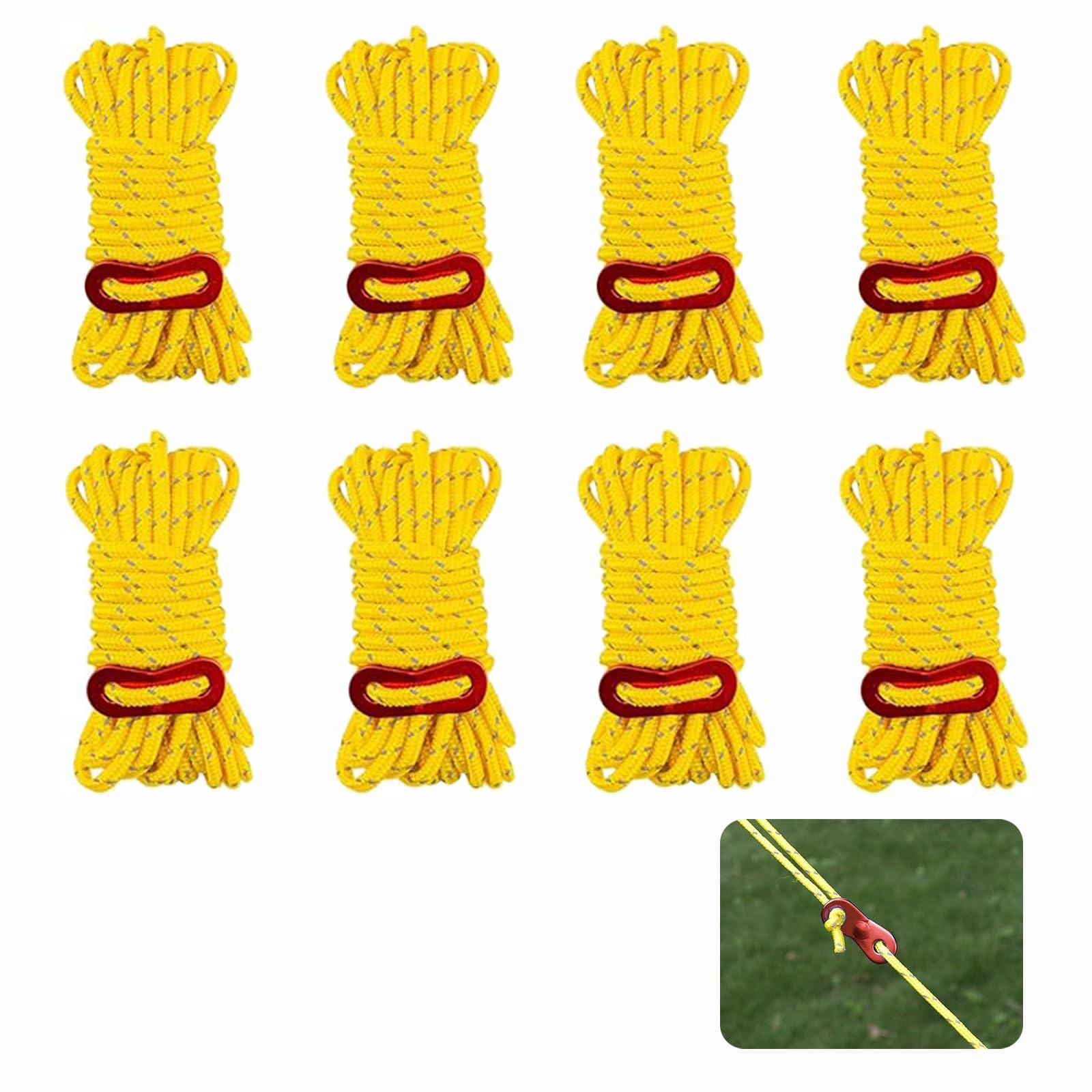 Pack of 8 tent ropes, camping reflective ropes, reflective guy ropes for tent, suitable for outdoor camping, for attaching tents, backpacks and other accessories (yellow)