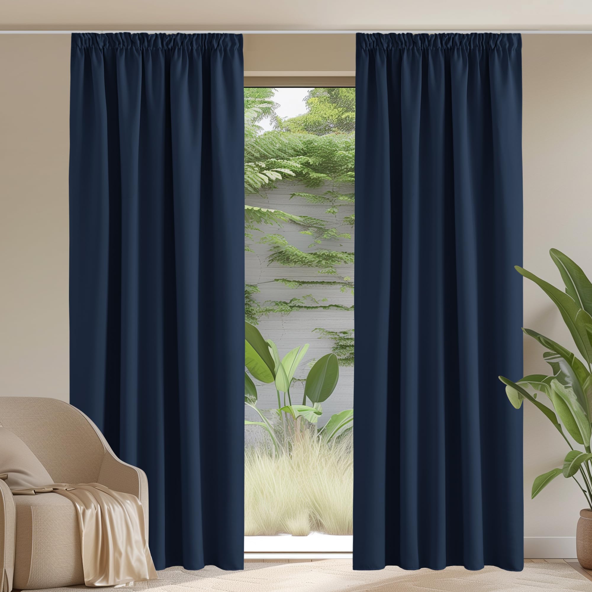 PONY DANCE Navy Blue Blackout Curtains for Bedroom, Pencil Pleat Thermal Curtains 90 Inch Drop Super Soft Noise Reduction Window Treatment Panels for Living Room Kitchen, 2 Panel, W66 X L90 — image 1
