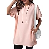Dokotoo Womens Tops Dressy Casual Short Sleeve Oversized Tshirts Summer Hoodie Dress Tunics Tops Loose Fit Long Shirts