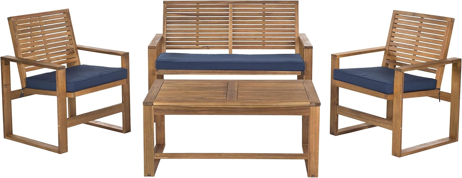 Safavieh Home Collection Hailey Outdoor Living 4-Piece Acacia Patio Furniture Set, Brown and Navy : Garden & Outdoor