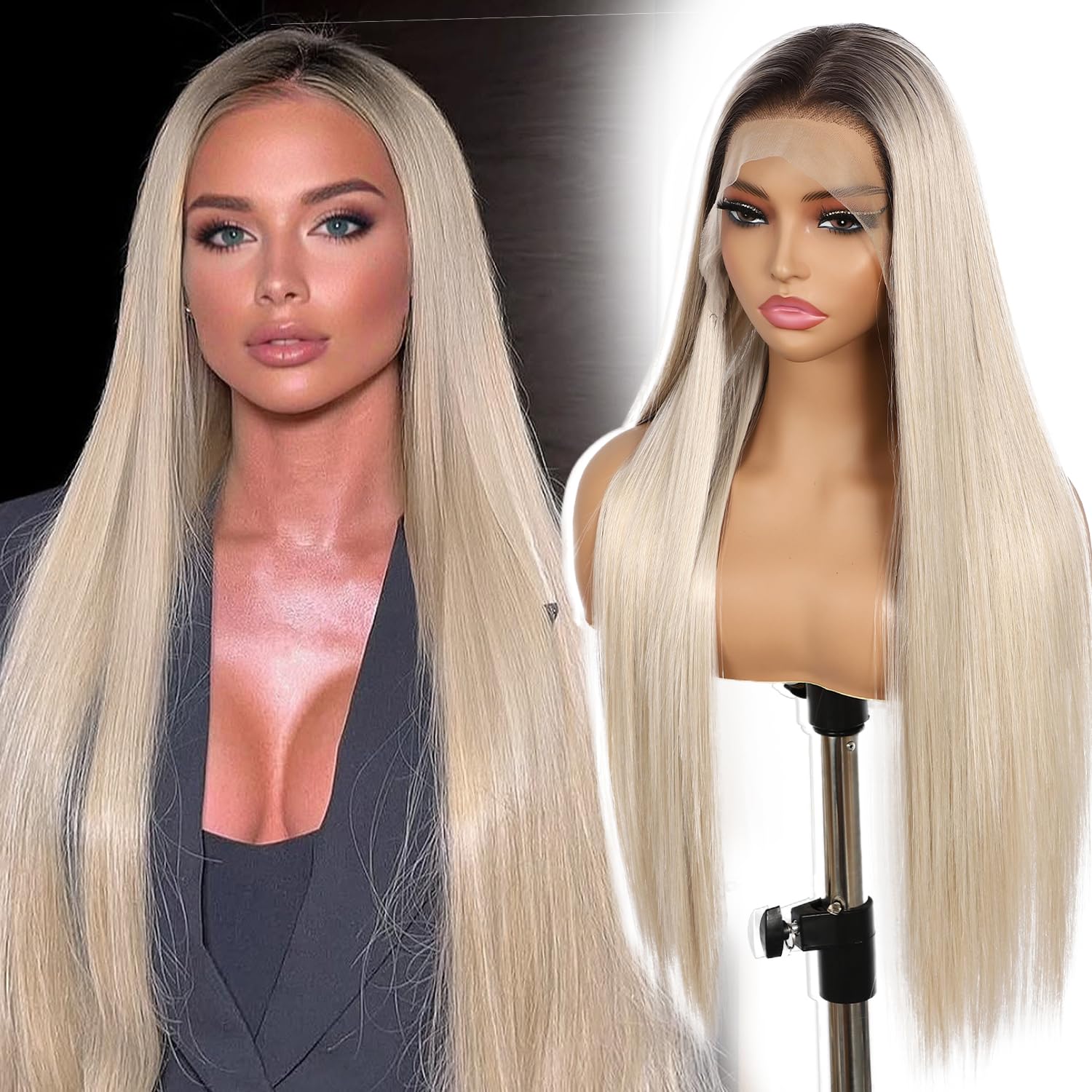 SOMIARIK Blonde Straight Lace Front Wigs, 13x6 Synthetic Lace Front Wig Highlight with Dark Roots Long Straight Wig for Women Synthetic Wig 150% Density Party Daily Wear Heat Resistant 26 Inch — image 1