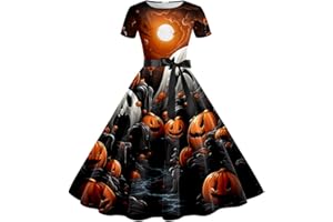 BAGELISE Women's Halloween Dress Short Sleeves Printed Vintage Style A-Line Party Dresses