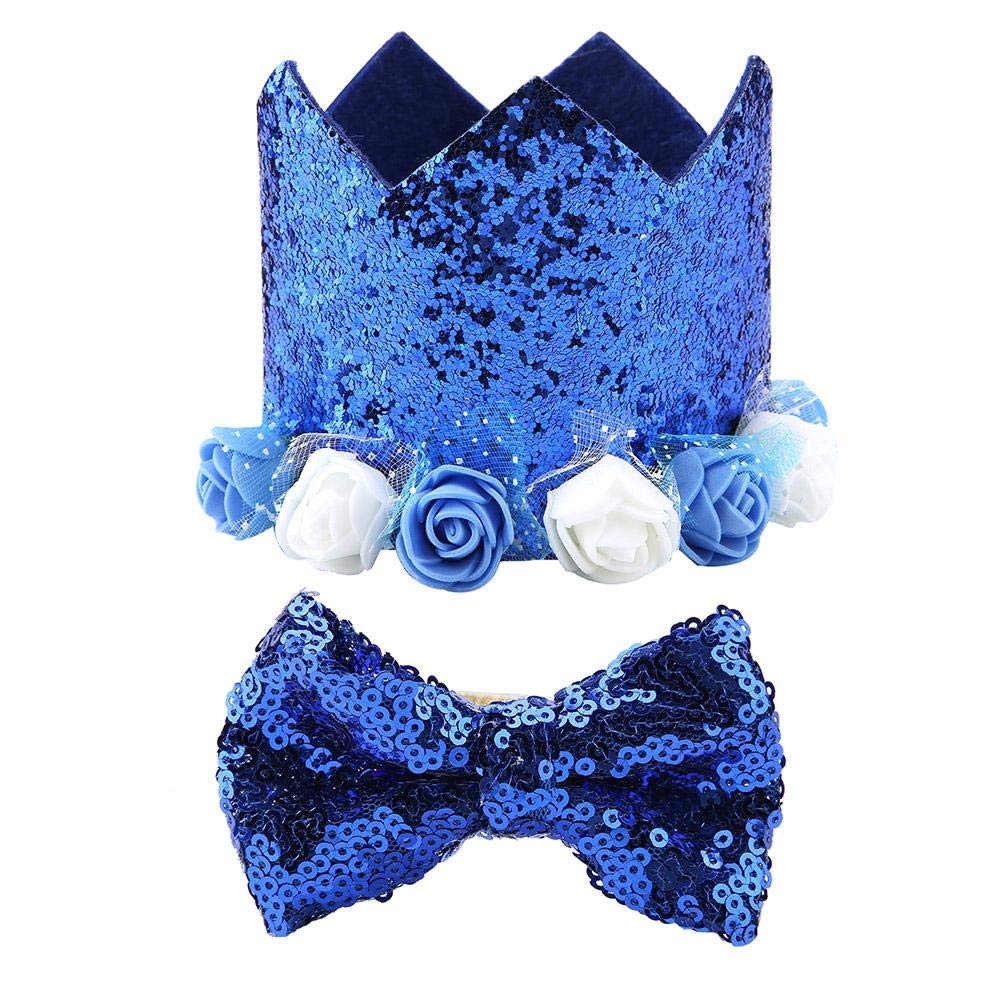 TOPINCN Pet Hat Bow Tie Set Fashionable Retractable Shiny Flower Crown Dogs Cats Pet Supplies Christmas Birthday Party Festival Daily(Sapphire)