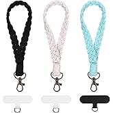3PCS Boho Phone Wrist Strap, Macrame Phone Wrist Lanyard, Cellphone Lanyard with Tether Tab, Country Style Wrist-Lanyard for Women, 3 Colors Smartphone Chain Charm Braided Wristlet (White/Black/Cyan)