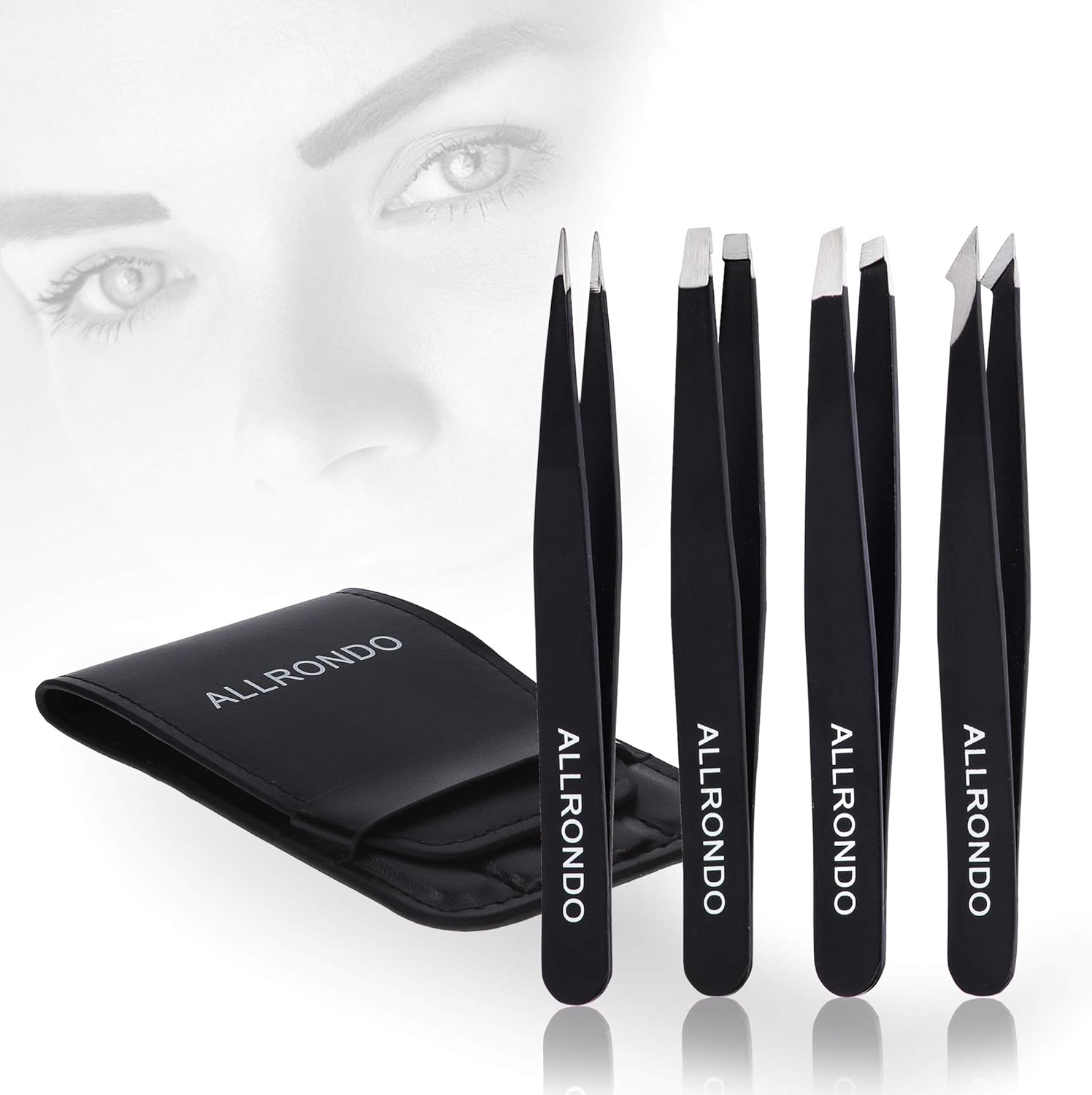 ALLRONDO Premium Augenbrauen Pinzetten Set mit Etui (4teilig) Verbesserte Spitze Pinzette