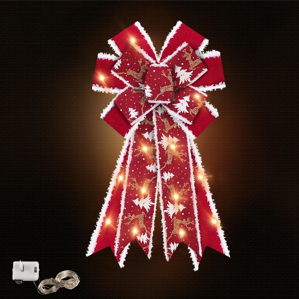 Bows & Ribbons - Hying Large Christmas Bows for Wreath, LED Light Red Velvet Wreath Bow for Christmas Décor Winter Christmas Tree Bow for Front Door Indoor Outdoor Wall Tree Topper Decoration Supplies Xmas Ornament