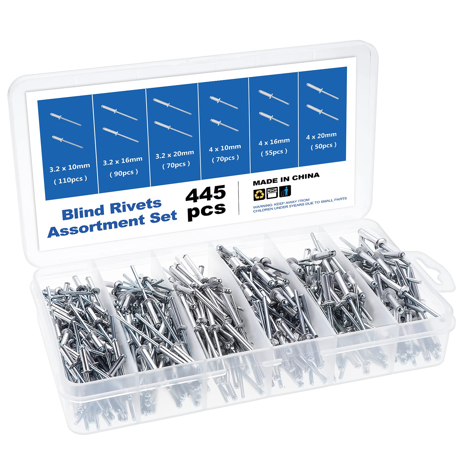 Gueenky 445Pcs Aluminum Pop Rivets Assortment, 6 Sizes Dome Head Blind Rivets for Metal Wood Plastic — image 1