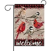 Dyrenson Welcome Christmas Cardinal Chickadee Decorative Garden Flag, Vintage Xmas Birds Red Berries Yard Outside Home Decoration, Winter Holiday Plaid Burlap Outdoor Small Decor Double Sided 12 x 18