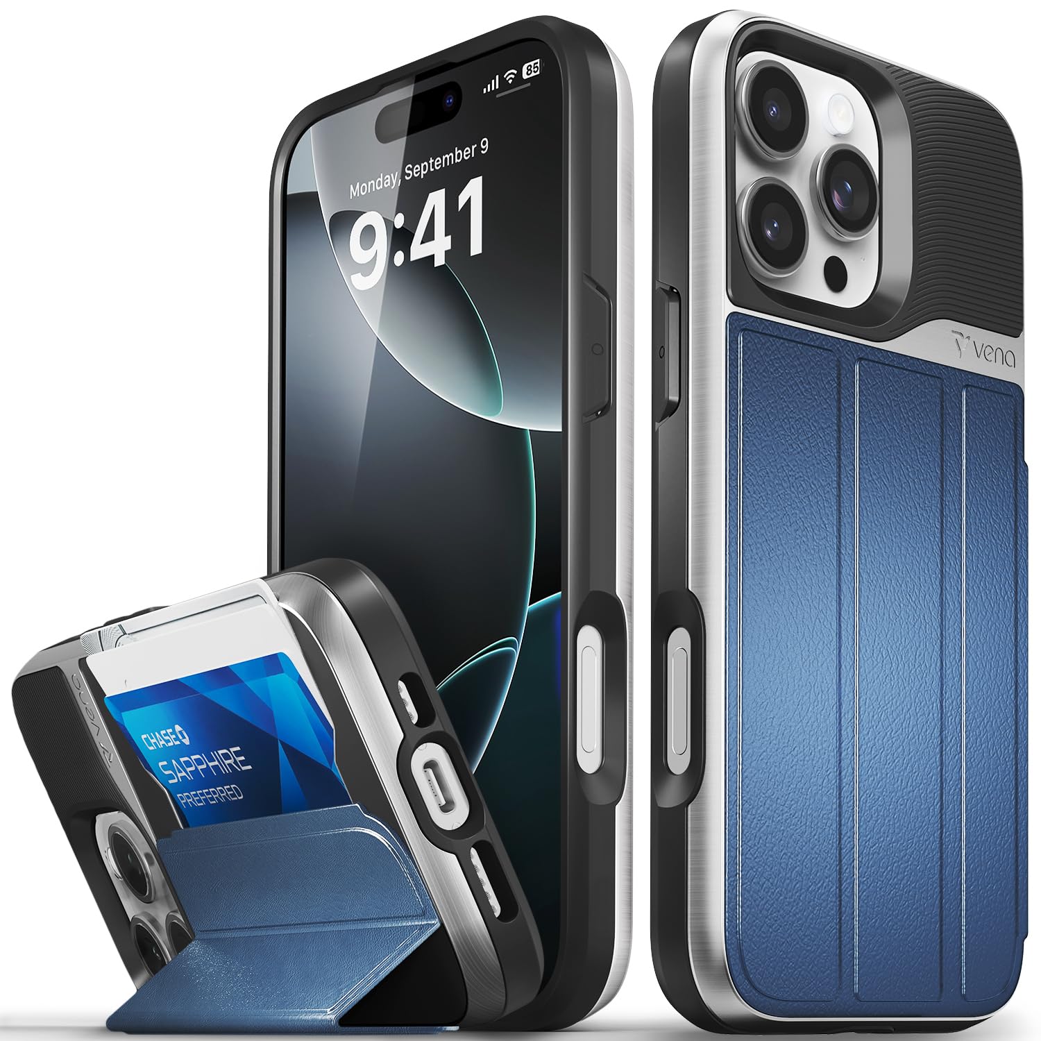 VENA vCommute for iPhone 16 Pro Max Wallet Case, [Military Grade Drop Protection] Flip Leather Cover Slot Card Holder with Kickstand - Blue