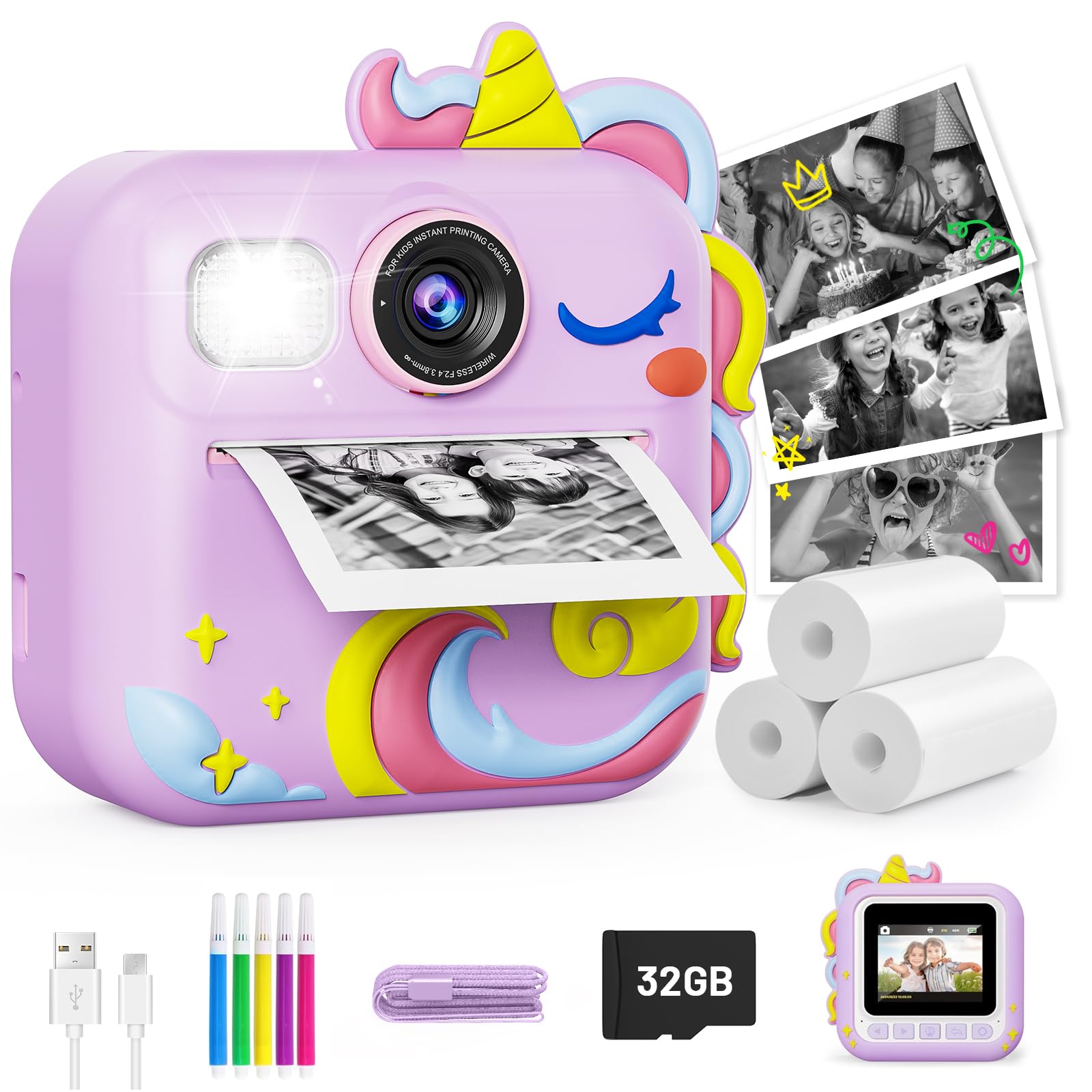 KOKODI Kids Camera Instant Print, 1080P Kids Camera Birthday Gifts Easte Gifts for Girls Age 3-12 with 32GB Card, Video Instant Printable Camera for Kids, Toys for Ages 5-8 Girls (Purple)