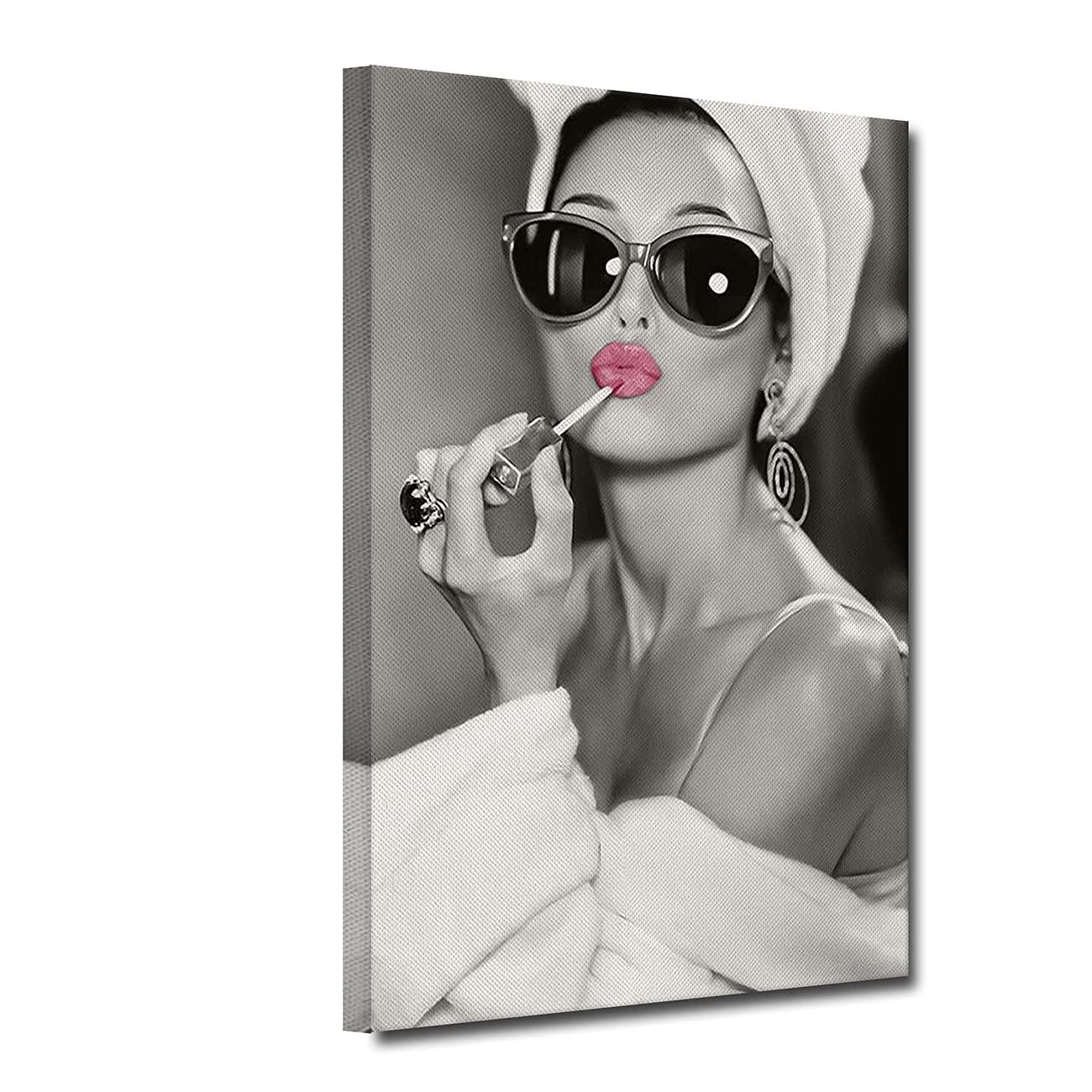 ZHONGYUTONG Audrey Hepburn Canvas Artwork Vintage Pink Lipstick Makeup Wall Art Black and White Cute Lips Print Modern Home Decor for Living Room Bedroom, Framed Ready to Hang (Print-1, 16''x24'')