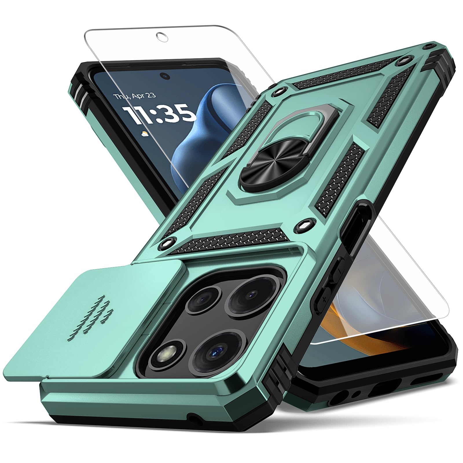 for Moto G 2025/Moto G 2026/Moto G Play 2026 Case,with Camera Lens Cover HD Screen Protector,[Military Grade] Car Mount Kickstand Shockproof Protective Case for Motorola G 2025, Dark Green