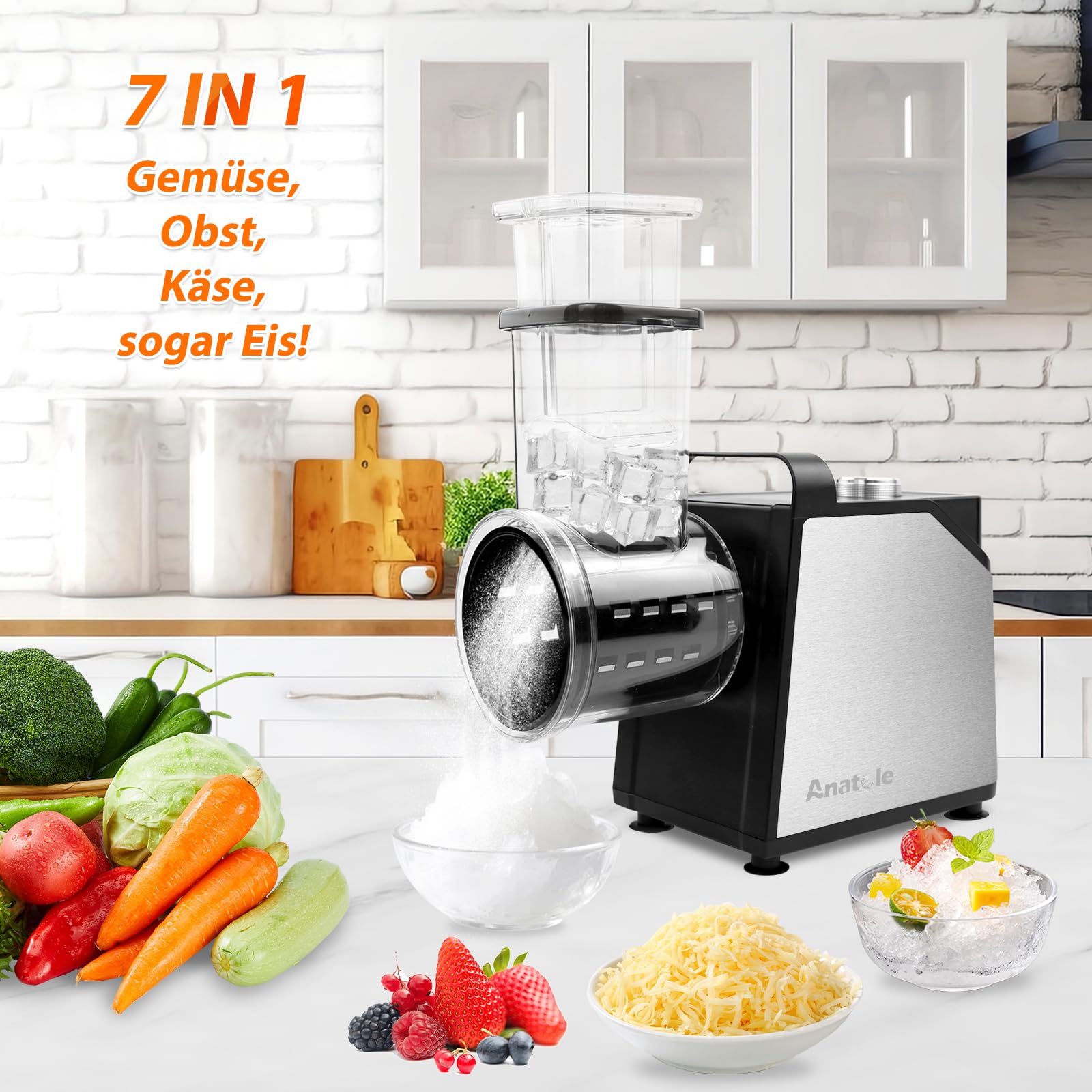 Anatole Gemüseschneider Elektrisch Ice Crusher 7 Klingen Gemüsehobel Eisrasierer Edelstahl 250W Großkaliber Käsereibe Multifunktional 220V EU-Stecker 2