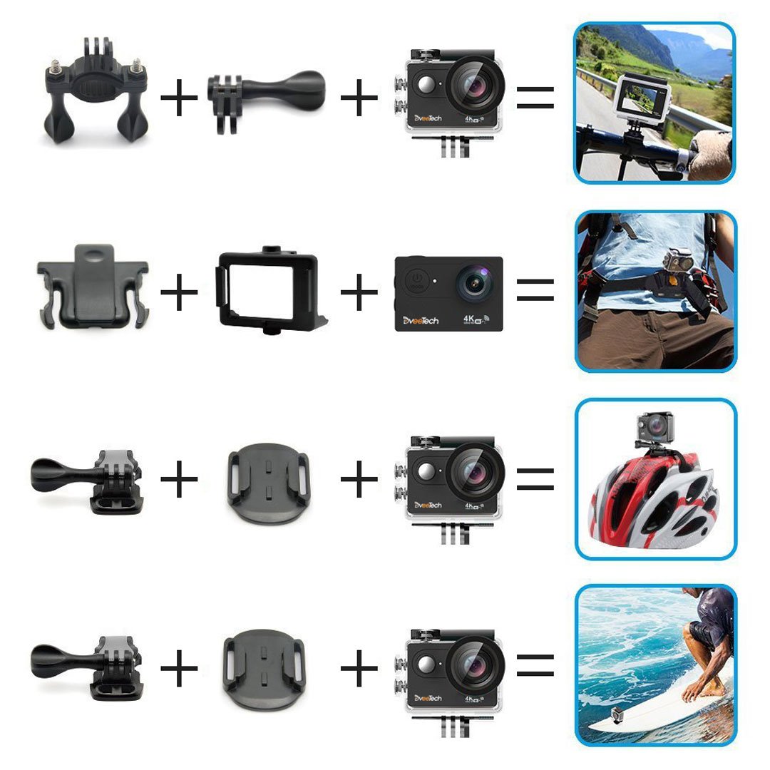 Dveetech 4k Action Camera WiFi Waterproof 30M Sport Camera 16Mp Ultra hd 1080p Underwater DV Camcorder Action Cam with Remote 2 Batteries Bike Helmet Mounting Accessories Kit for Cycling Snorkeling