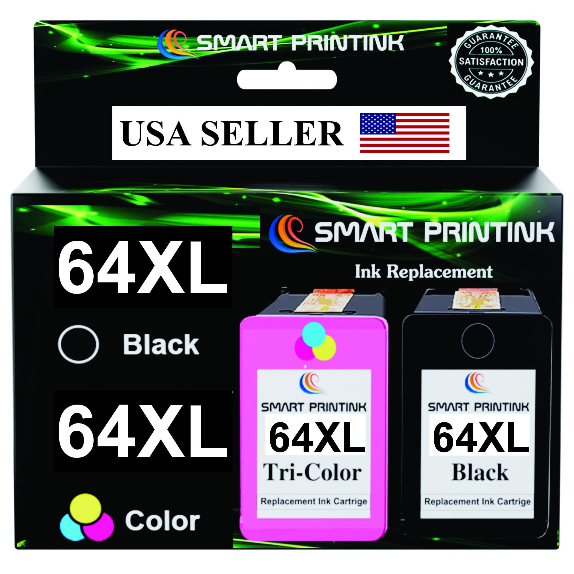 Photo 1 of Smart Printink Ink Cartridge Remanufactured for HP 64 XL (Black & Tri-Color) High-Yield Ink- Compatible with Envy Photo 7858 7855 7120 7155 7158 7164 6255 6252 6232 Inspire 7955e Tango X Printers.