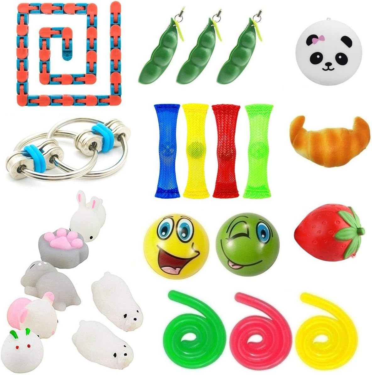 Kunshion 24 Pack Sensory Toys Bundle,Stress Relief Fidget Toys for ADD ADHD Anxiety,Mochi Squishy Toys/Slow Rising Squishies/Stretchy Strings/Squeeze Soybean/Fidget Chain/Emoji Stress Balls