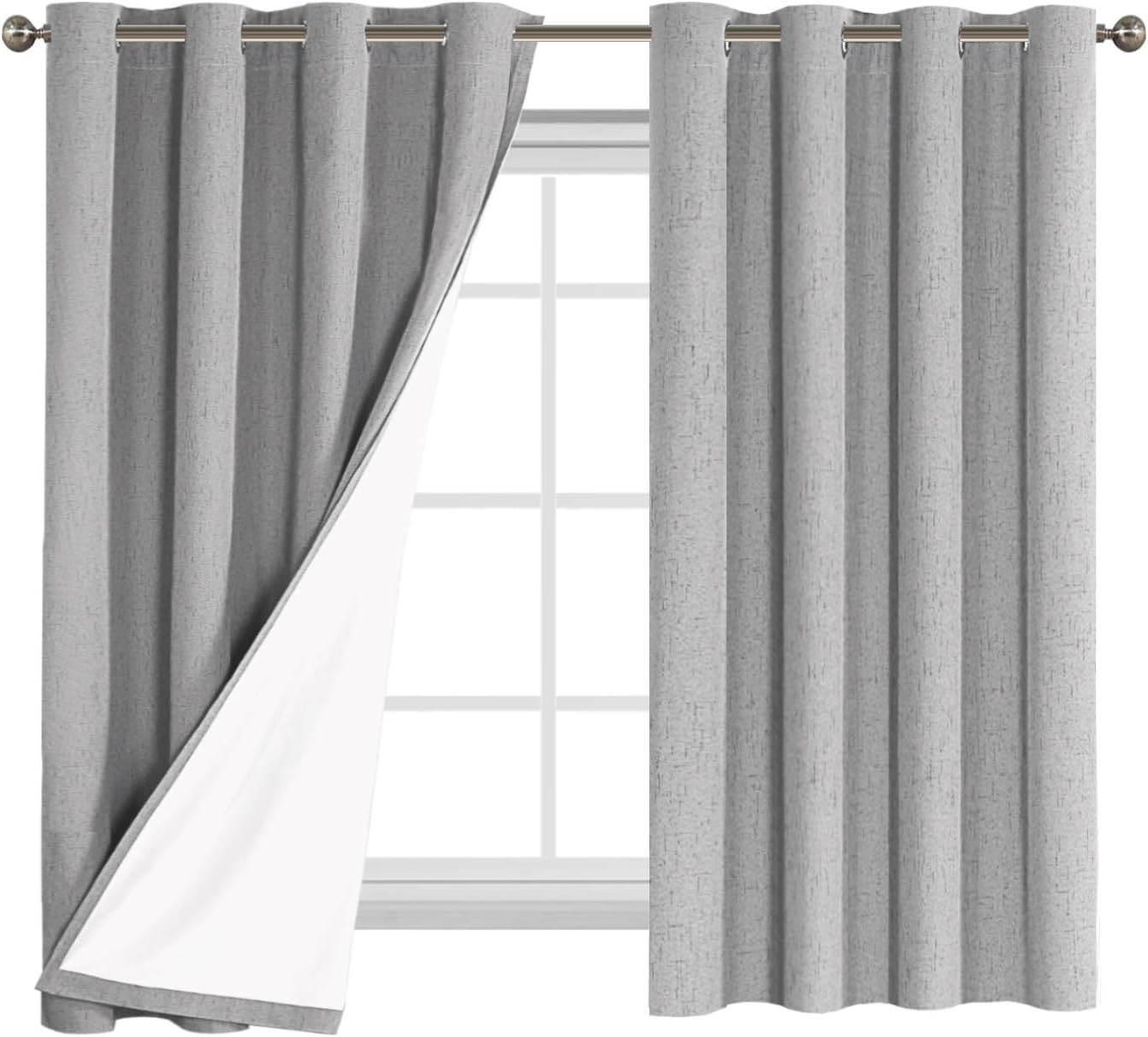 Flamingo P Textured Linen 100% Blackout Curtains 63 Inch Length 2 Panles Set Burlap Thermal Insulated Full Light Blocking Primitive Curtain Drapes Draperies for Bedroom, Dove with White Liner