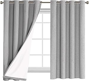 Flamingo P Textured Linen 100% Blackout Curtains 63 Inch Length 2 Panles Set Burlap Thermal Insulated Full Light Blocking Primitive Curtain Drapes Draperies for Bedroom, Dove with White Liner