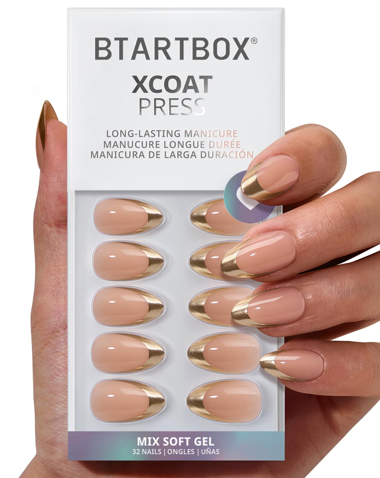 Photo 1 of **PARTIAL SET/ MISSING PIECES** BTArtbox Press On Nails Short - Gilded Countdown, Lamp-Curable Gold French Tip Almond Press On Nails with Glue and Adhesive Tabs for Women in 16 Sizes - 32 Soft Gel Glue On Nails Kit