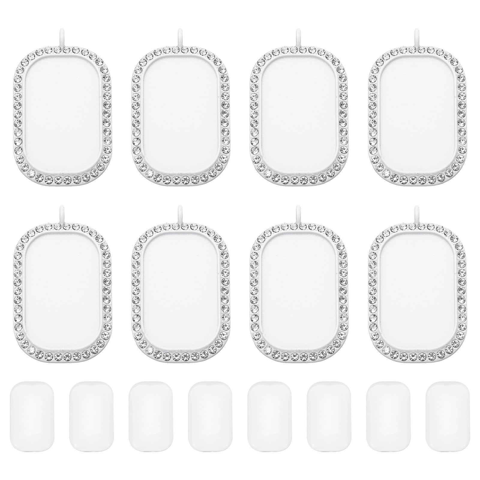 PATIKIL 1" Blank Picture Pendants, 8Pcs Metal Rectangle Rhinestone Bezel Pendant Trays with 8Pcs Glass Discs for Photo Pendants DIY Crafts Making, White