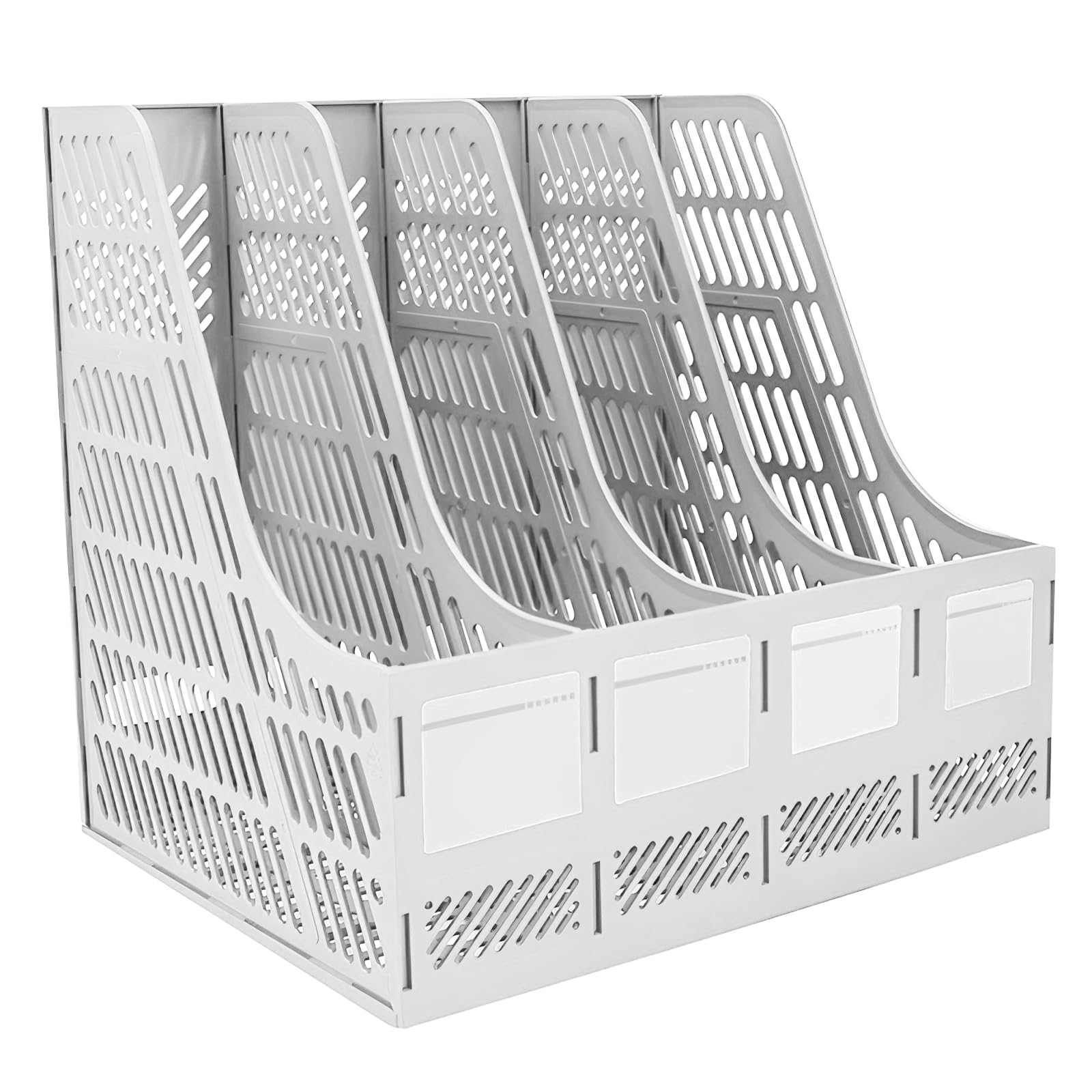 Elezeal Grey Magazine File Holder - Sturdy HIPS Plastic, 4-Compartment A4 Vertical Book Organiser with Hollow Design, Durable Desktop Document Storage Rack for Office, School, Home