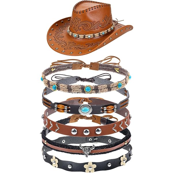 1973 6 Pcs Leather Cowboy Hat Bands, Replacement Men Women Western Hat Jmkcoz 6 Pcs Cowboy Hat Band Replacement Ethnic Western  main image 2