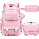 Makukke School Backpack for Girls Book Bag Set, School Bag for Teens Girls Kid Children Elementary Middle School Student, Waterproof Pink Backpack