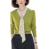 LAI MENG FIVE CATS Women's Elegant Tie V-Neck Sweater Long Sleeve Soft Knit Solid Color Pullover Tops