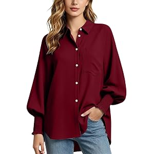 Women's Smocked Cuffed Boyfriend Shirts Dressy Casual Collared Long Sleeve Button Blouse High-Low Hem Tops with Pocket