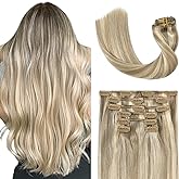 UGOTRAYS Clip in Hair Extensions Real Human Hair - 15 inch 70g Ash Blonde Mixed Bleach Blonde Straight 7pcs Double Weft - 100% Remy Human Hair Extensions #18p613 15inches