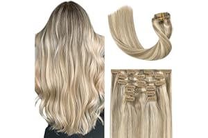 UGOTRAYS Blonde Clip in Hair Extensions Real Human Hair - 22 inch 70g Ash Blonde Mixed Bleach Blonde Straight 7pcs Double Weft - 100% Remy Human Hair Extensions #18p613 22in