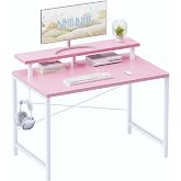 Pamray 32 Inch Small Computer Desk with Monitor Stand, Simple Office Desk with Headphone Hook for Small Spaces, Kids Study Writing Table for Bedroom, Pink