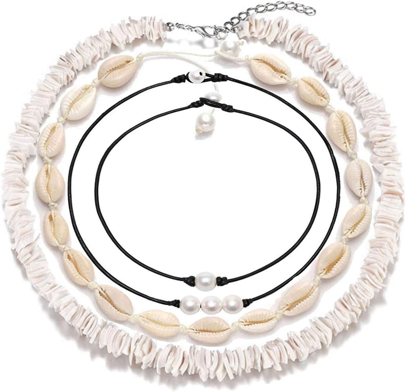 ATIMIGO Natural Puka Shell Choker Necklace for Women Girls,Handmade Adjustable Sea Shell Clam Chips Pearl Hawaii Beach Necklace Jewelry for Men
