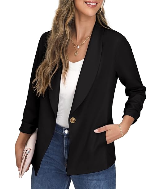 GRECERELLE Womens Blazer Suit Open Front Cardigan Ruched Sleeve Work Office Blazer Jacket with Buttons Pockets (Black, 10)