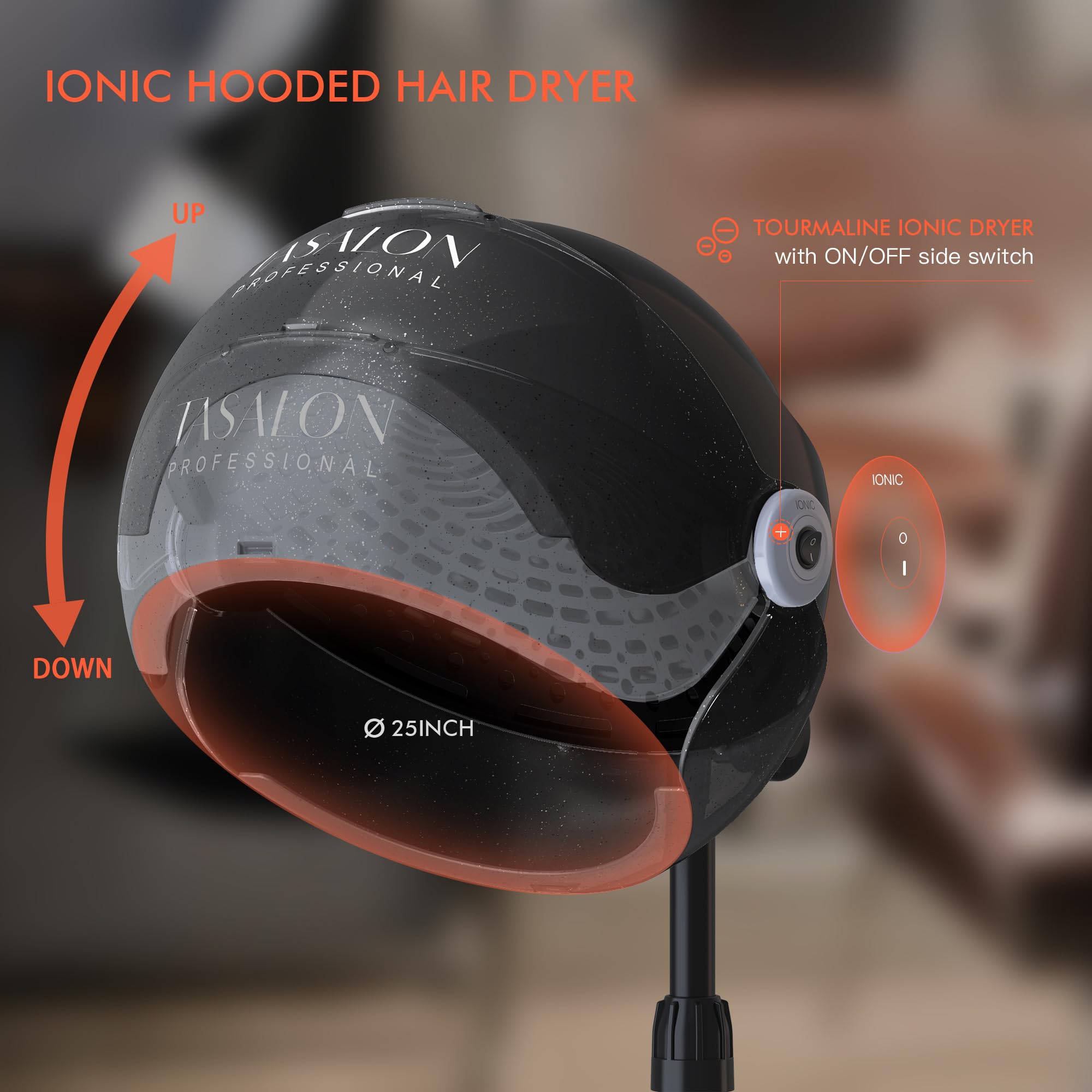 TASALON Ionic Hooded Hair Dryer - 1875W Bonnet Dryer with 3 Temperature Settings - Portable Standing Dryer for Home and Salon (Black)
