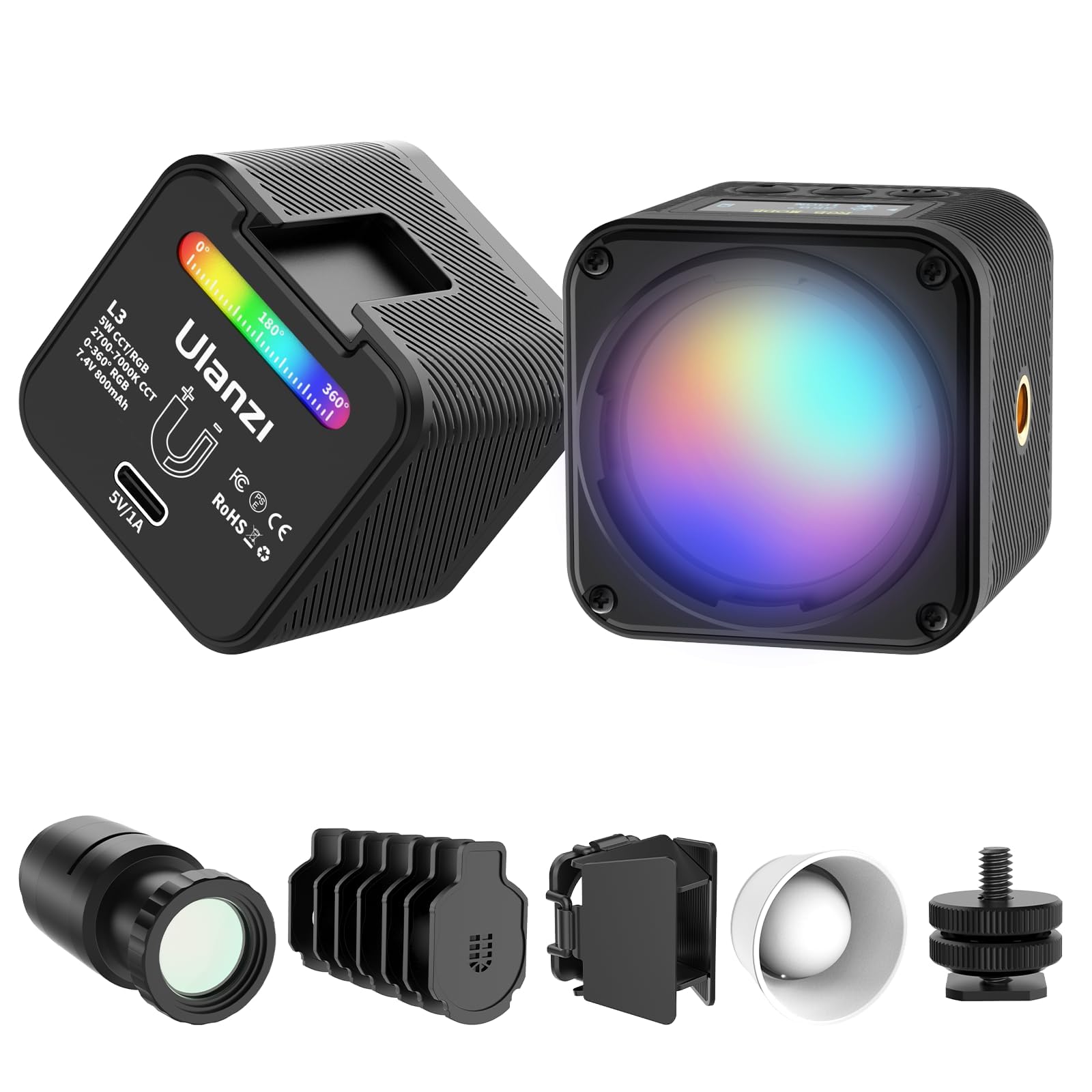 Photo 1 of ULANZI L3 RGB LED Video Light, Magnetic Camera Lighting Kit 2700K-7000K Mini Cube COB Light Dimmable Photography Fill Light with Barndoor, Fresnel Lens Cold Shoe for Smartphone,Action,DSLR Camera