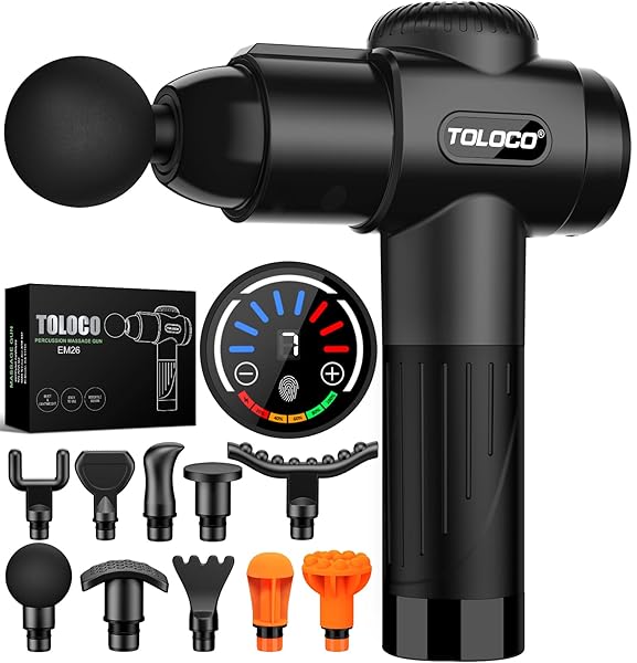 TOLOCO MASSAGE GUN, DEEP TISSUE BACK MASSAGE FOR ATHLETES FOR PAIN RELIEF, PERCUSSION MASSAGER WITH 10 MASSAGES HEADS & SILENT BRUSHLESS MOTOR, GIFTS FOR FATHERS DAY, BLACK