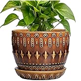 G EPGardening 5.5 Inch Plant Pot - Ceramic Planter for Indoor Outdoor Plants, Boho Round Indoor Flower Pot with Drainage Hole and Saucer, Housewarming Gifts, Garden Home Room Decor, Brown