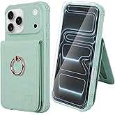VANAVAGY Compatible for iPhone 17 Pro Wallet Case with RFID Blocking Card Holder, [Screen Protector] PU Leather Shockproof Case Magnetic Clasp Ring Kickstand Flip Phone Cover for Women Men,Light Mint