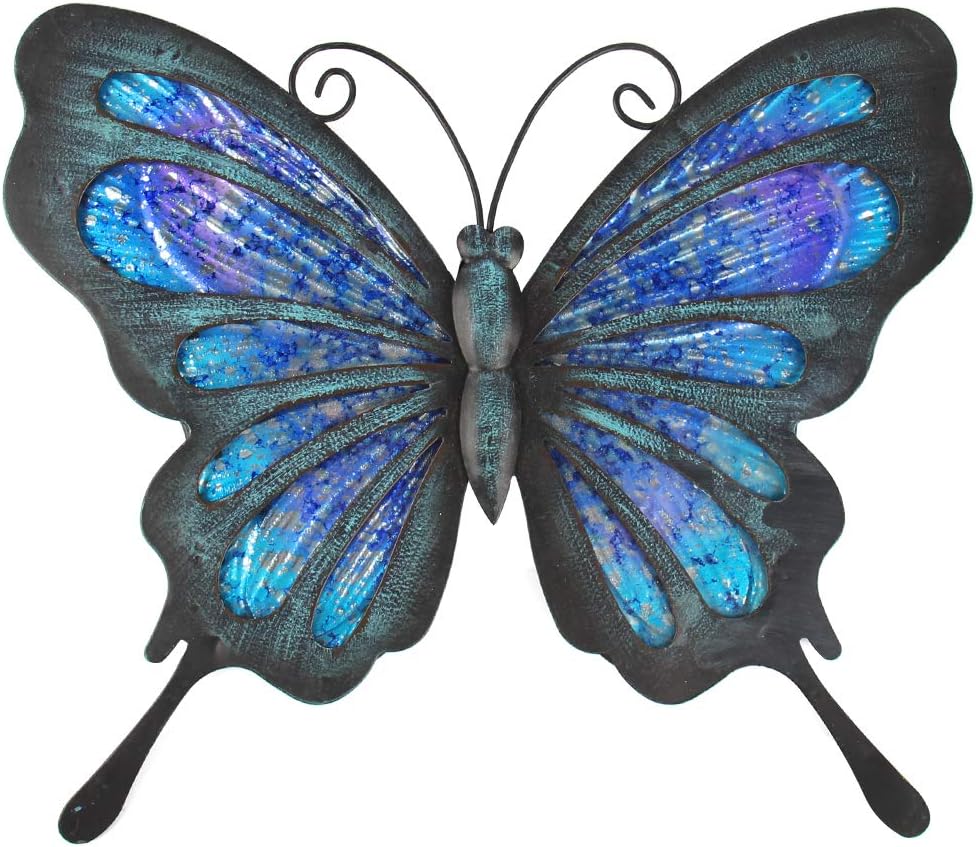 Plaques & Wall Art - HONGLAND Metal Butterfly Wall Decor Glass Outdoor Wall Art Sculpture Hanging Garden Decorations Blue for Home Garden