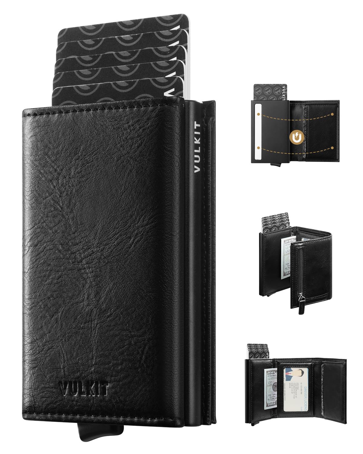 VULKIT Credit Card Holder RFID Blocking Leather Bifold Mens Wallet Automatic Pop Up with Banknote Compartment (Origin Black)