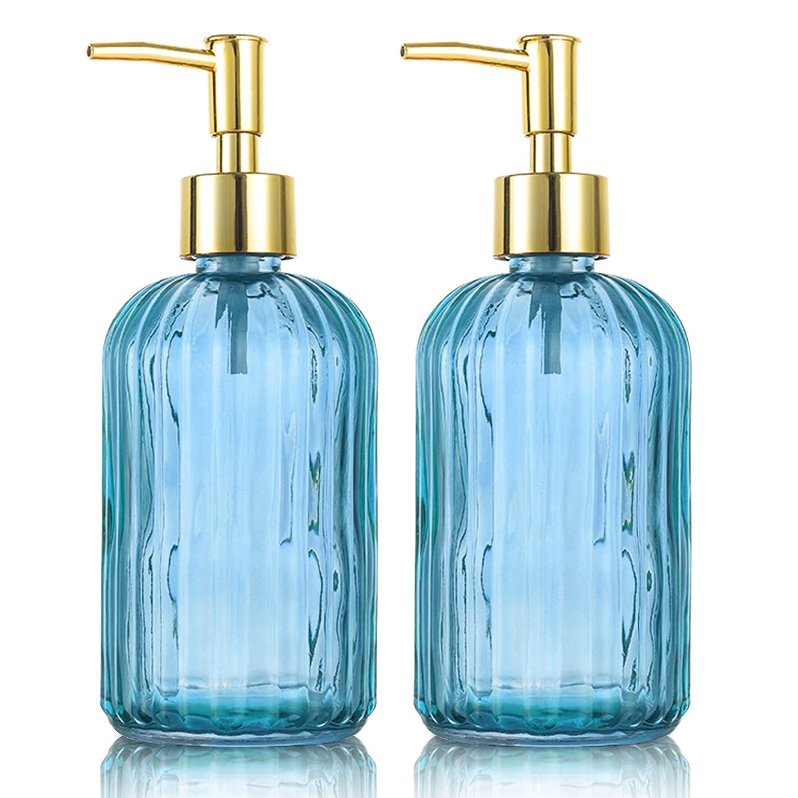 HOHAOO Versatile Glass Soap Dispenser Bottle with Pump, 14 Oz Dripless Pump Bottle, Refillable Liquid Hand Jar Dispenser for Bathroom, Countertop, Kitchen, Laundry Room(Blue, 2 Pack)