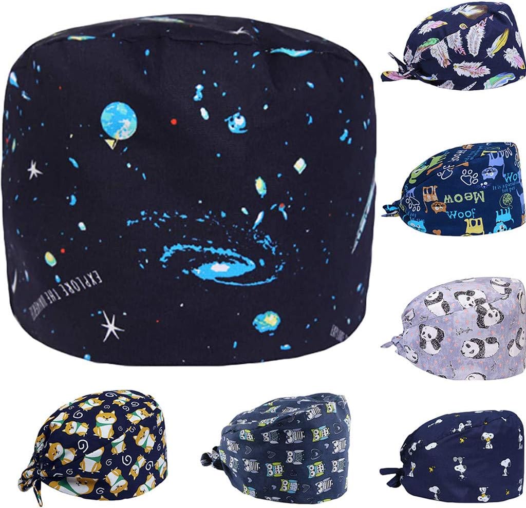 Surgical Scrub Cap Cartoon Print Scrub Bouffant Turban Cap with Sweatband Cotton Scrub Hat for Women/Men (B)