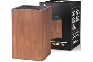 Acacia Wood Universal Knife Block with Plastic Slot Top, Kitchen Knife Holder for Knives, Scissors & Sharpening Rod, Easy-Cle