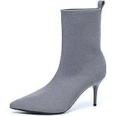 NHBEOEN Women's Knit Stiletto Ankle Boots Sexy Pointed Toe Pull On High Heel Lightweight Mid Calf Boots for Work Office Wedding Dressy Sock Booties