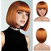 12 Inch Ginger Bob Wig With Bangs, Colorful Synthetic Hair for Daily Cosplay Halloween, Straight Short Orange Bob Wigs for Women