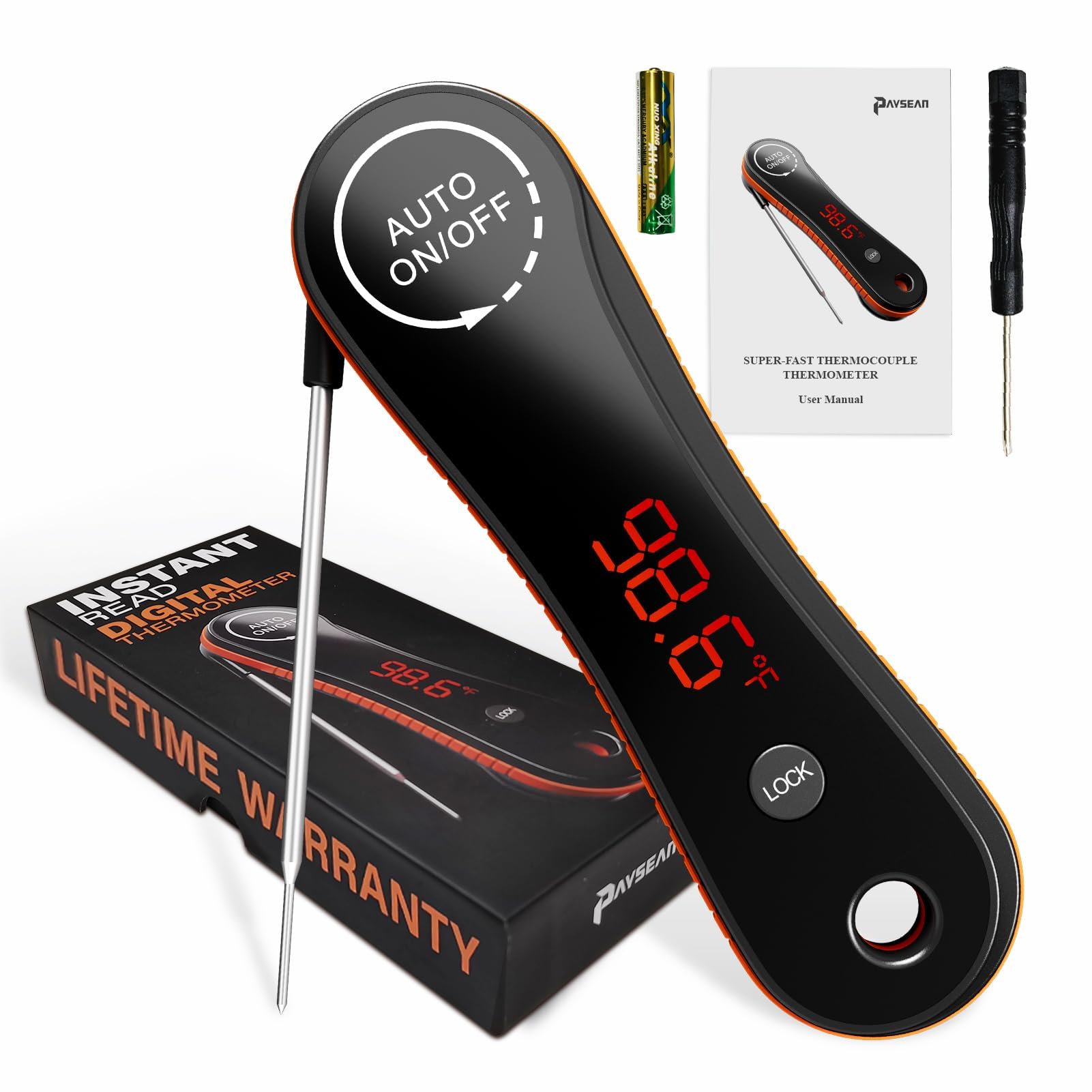 Photo 1 of 0.5s Instant Read Digital Meat Thermometer, Paysean ±0.5? with Auto-Rotating Backlit Display, IP67 Waterproof and Calibration for Cooking, Candy, Grilling, BBQ, Liquid, Smoker, Beef